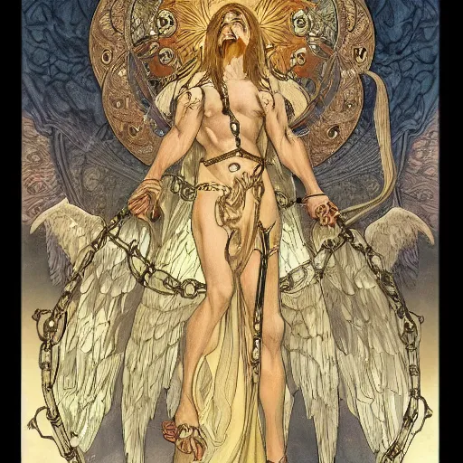 Prompt: book of enoch, angels capture demons with huge chains and send them to hell, tezuka and oi and mucha and remington, trending on artstation