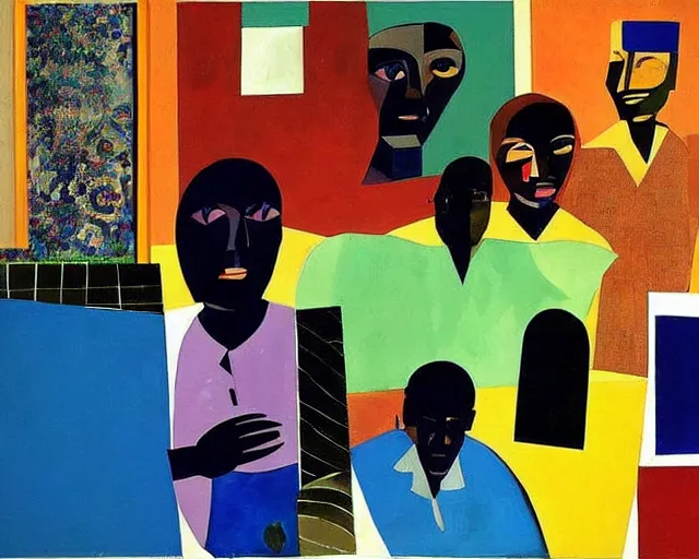 Image similar to a painting by Romare Bearden