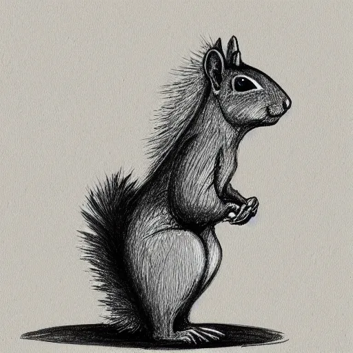 Prompt: a cute squirrel standing on four legs in profile with hand draw fur drawn in concept art style