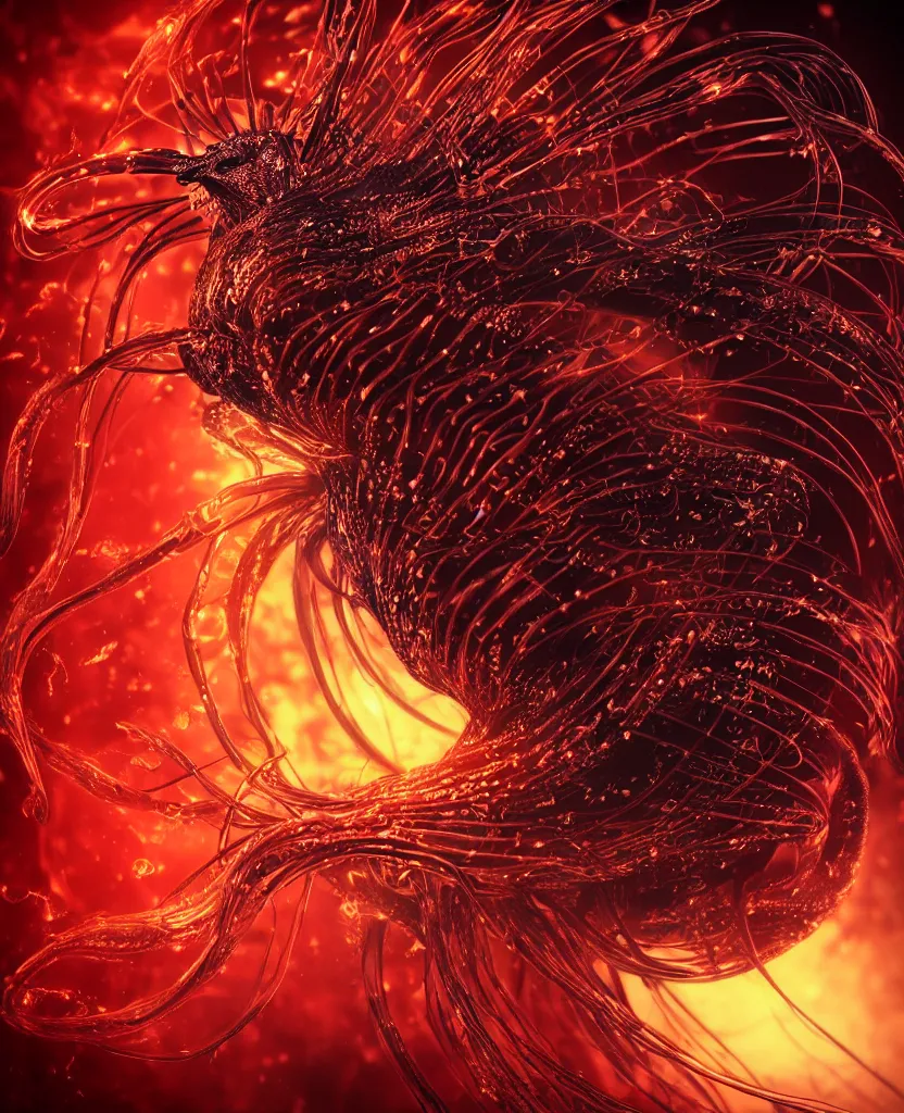 Image similar to close-up macro portrait of the face of a dark queen princess, epic angle, epic pose, symmetrical artwork, 3d with depth of field, blurred background. cybernetic jellyfish phoenix bird, translucent, nautilus. energy flows of water and fire. a highly detailed epic cinematic concept art CG render. made in Maya, Blender and Photoshop, octane render, excellent composition, cinematic dystopian brutalist atmosphere, dynamic dramatic cinematic lighting, aesthetic, very inspirational, arthouse. y Greg Rutkowski, Ilya Kuvshinov, WLOP, Stanley Artgerm Lau, Ruan Jia and Fenghua Zhong