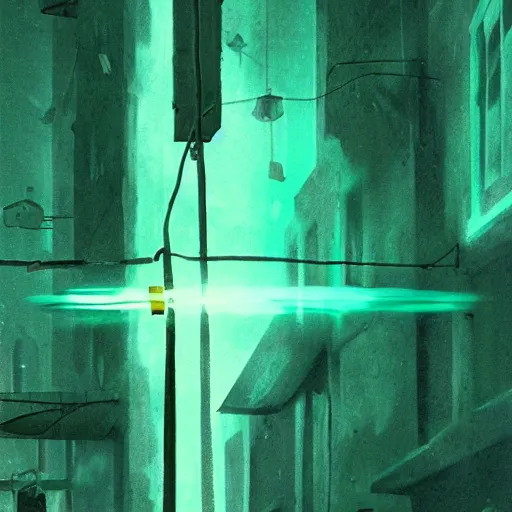 Prompt: green goo, glowing, dripping from a light post, dark alley, night, eerie scene, trending on artstation