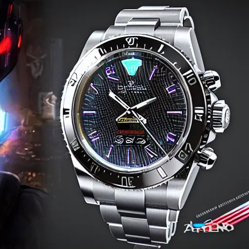 Image similar to Cyberpunk Rolex, hyperrealistic, in the style of Unreal Engine