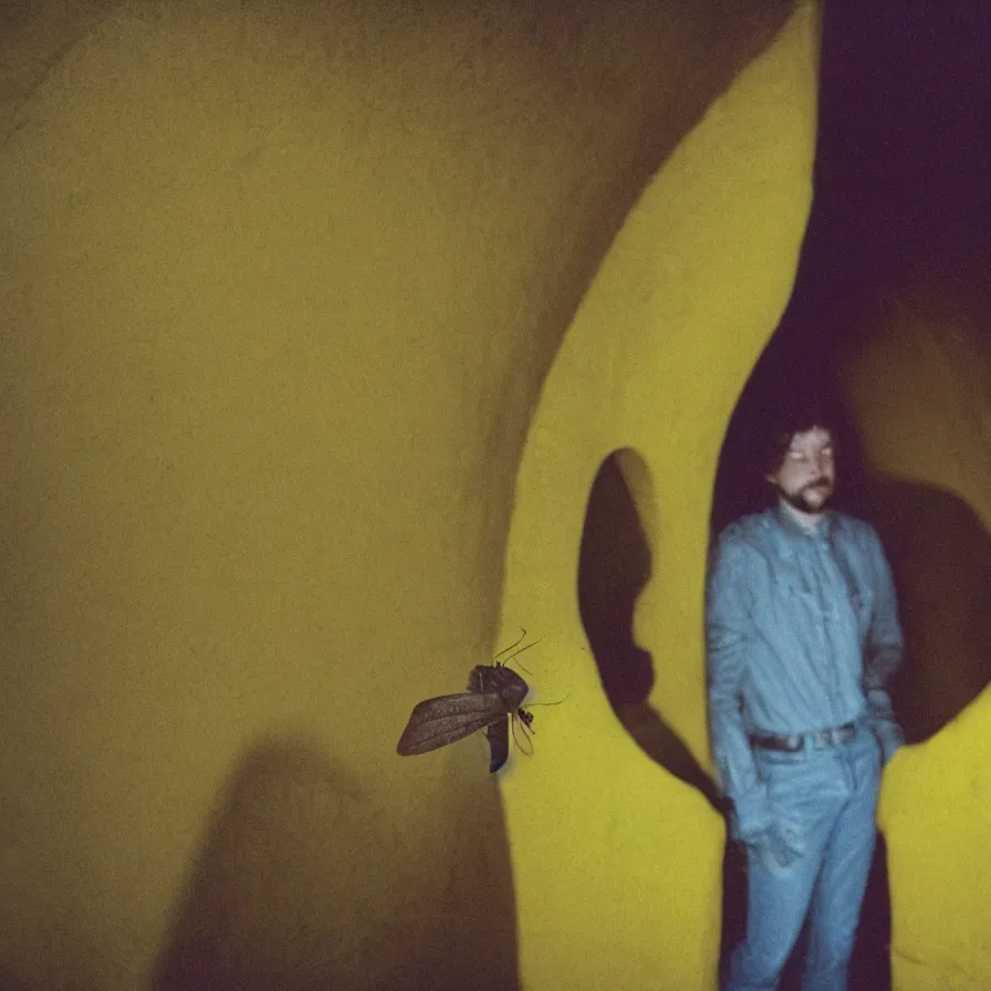 Image similar to 7 0 s movie still of a man with a jaw full of moth in a yellow wall tunnel, cinestill 8 0 0 t 3 5 mm eastmancolor, heavy grain, high quality, high detail