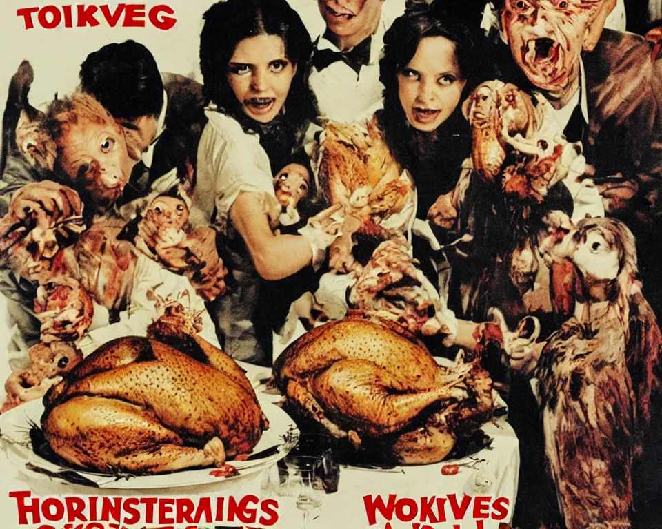 Prompt: a horror movie poster about Thanksgiving turkeys