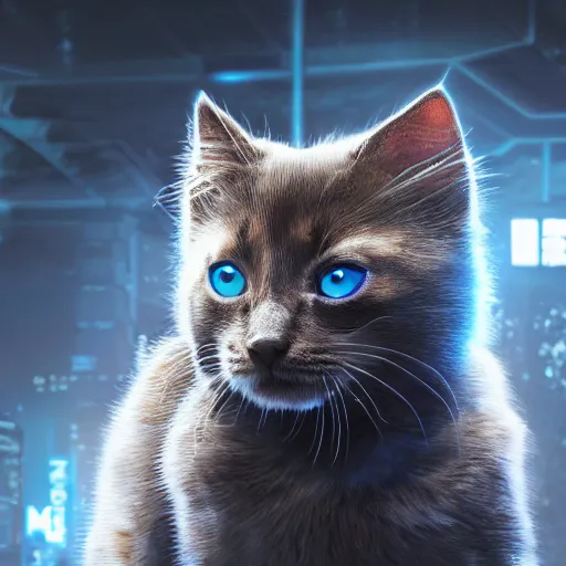 Prompt: full body pose, hyperrealistic photograph of a cyberpunk kitten, dim volumetric lighting, 8 k, octane beautifully detailed render, extremely hyper detailed, intricate, epic composition, cinematic lighting, masterpiece, trending on artstation, very very detailed, stunning, hdr, smooth, sharp focus, high resolution, award, winning photo, dslr, 5 0 mm