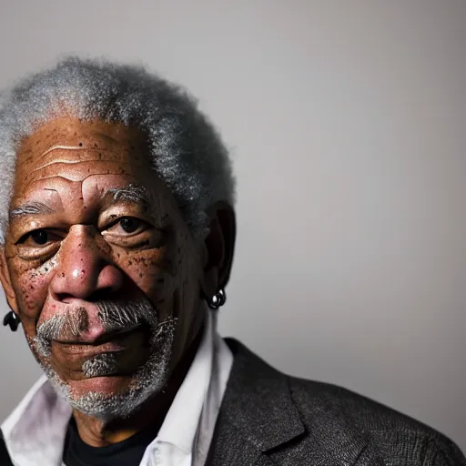 Image similar to a studio photograph of Morgan Freeman dressed as Travis Scott, 40mm lens, shallow depth of field, split lighting