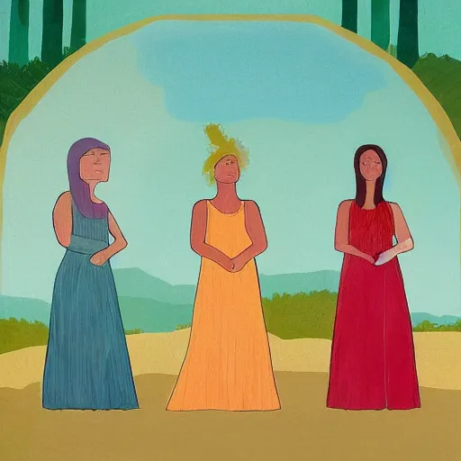 Prompt: The land art is a beautiful work of art. The three graces are depicted as beautiful young women, each with their own unique charms. The land art is full of color and life, and the women seem to radiate happiness and joy. Mesozoic, Ancient Roman by Noelle Stevenson jaunty