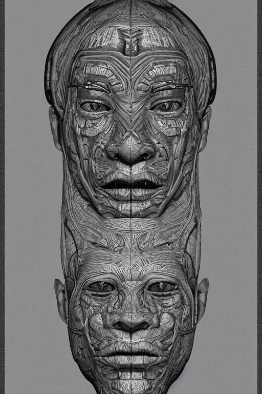 Image similar to mayan facial anatomy with gunmetal grey skin, medical anatomy, very symmetrical face, highly detailed, three - perspective / three - view reference sheet ( front / back / side ), in the style of dan ouellette, steven jung, amanda lilleston, hr giger, sil from species, dren from splice, mecha, artstation, unreal engine