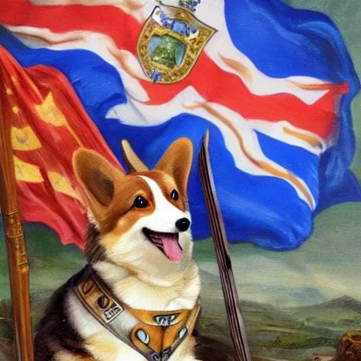 Image similar to A painting of a proper elderly corgi wearing battle armor, with his paws on his sword, posing for the painting. UK flags in the background, medieval style, artwork