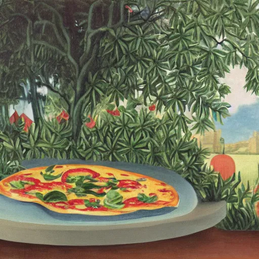 Prompt: A magaritha pizza on a marble table in a garden by Henri Rousseau