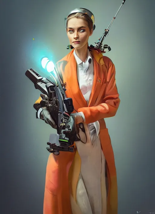 Image similar to an anthropomorphic beautiful female scientist portrait holding a science fiction sniper rifle wearing colourful robe, fine art, award winning, intricate, elegant, sharp focus, octane render, hyperrealistic, wizard hat cinematic lighting, highly detailed, digital painting, 8 k concept art, art by jamie hewlett and z. w. gu, masterpiece, trending on artstation, 8 k