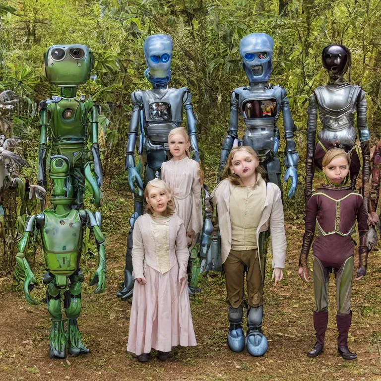 Image similar to 140mm film still from a sci fi blockbuster color movie made in 2019, set in 1860, of a human family standing in a park, next to some alien plants and flowers, their cute humanoid robot is standing next to them, on an alien planet, the family are all wearing 1850s era clothes, good lighting, good photography