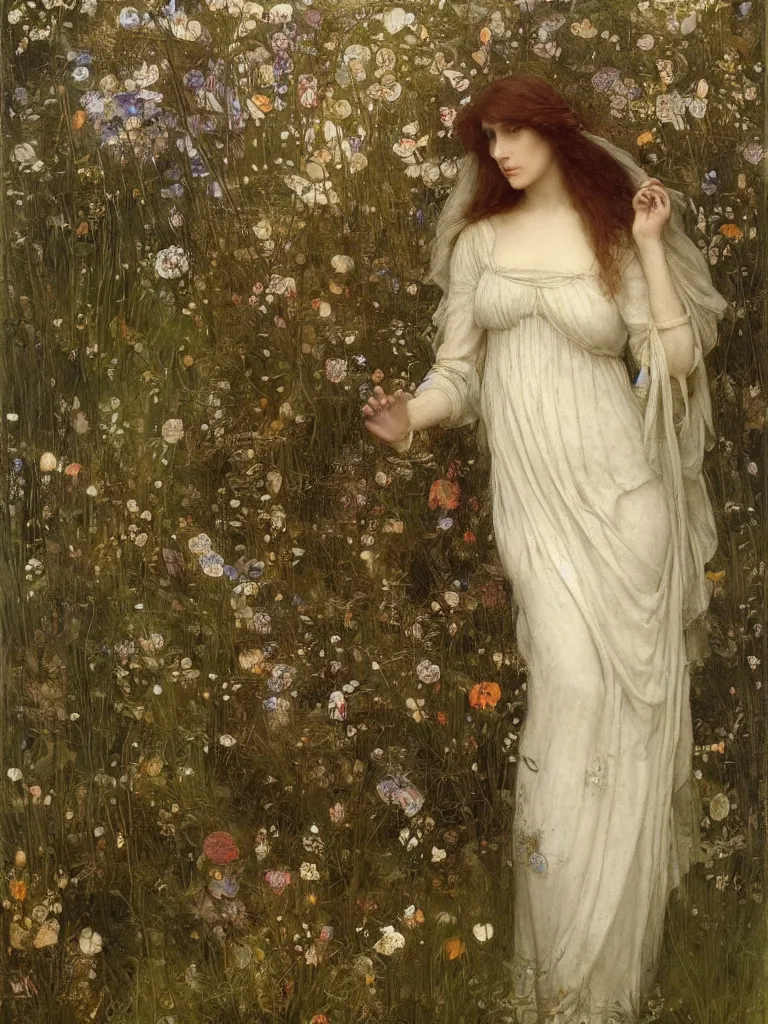 Image similar to beautiful pre - raphaelite woman, flower halo, flowing gown with empire waist in a wildflower meadow, floating leaves, fairys and flower petals in background, painterly, briar patch, thorns, dreamy, painted by jeremy mann, edward burne - jones, and john everett millais, alma tadema, ethereal, stunning, god rays, detailed