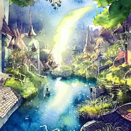 Image similar to Beautiful happy picturesque charming sci-fi village in harmony with nature. Beautiful light. Water and plants. Nice colour scheme, soft warm colour. Beautiful detailed watercolor by Lurid. (2022)