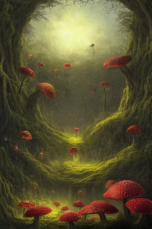 Image similar to a beautiful digital landscape painting of a detailed gothic fantasy fireflies and roots, dark mushroom, flowers by benoit b. mandelbrot, steven belledin, martin johnson heade, lee madgwick, caspar david friedrich, and david rios ferreira. 8 k resolution trending on artstation concept art digital illustration