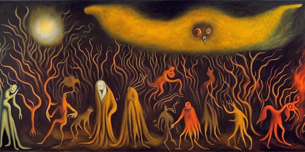 Image similar to personified emotion and thought creatures riot in a fiery wasteland, dramatic lighting glow from giant fire, attempting to escape to the surface and start a revolution, in a dark surreal painting by leonora carrington