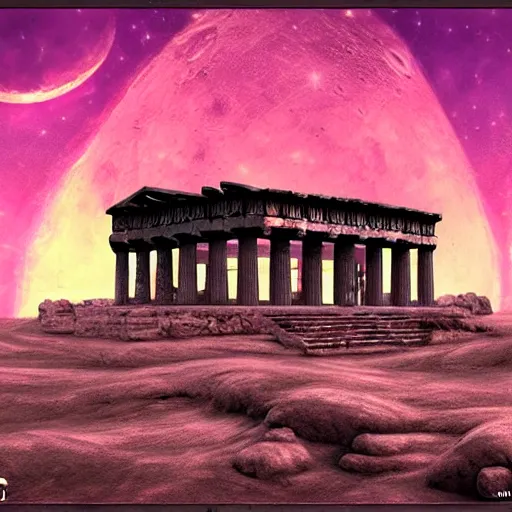 Prompt: ancient greek structure in the moon, retrowave epic art, trending on art station