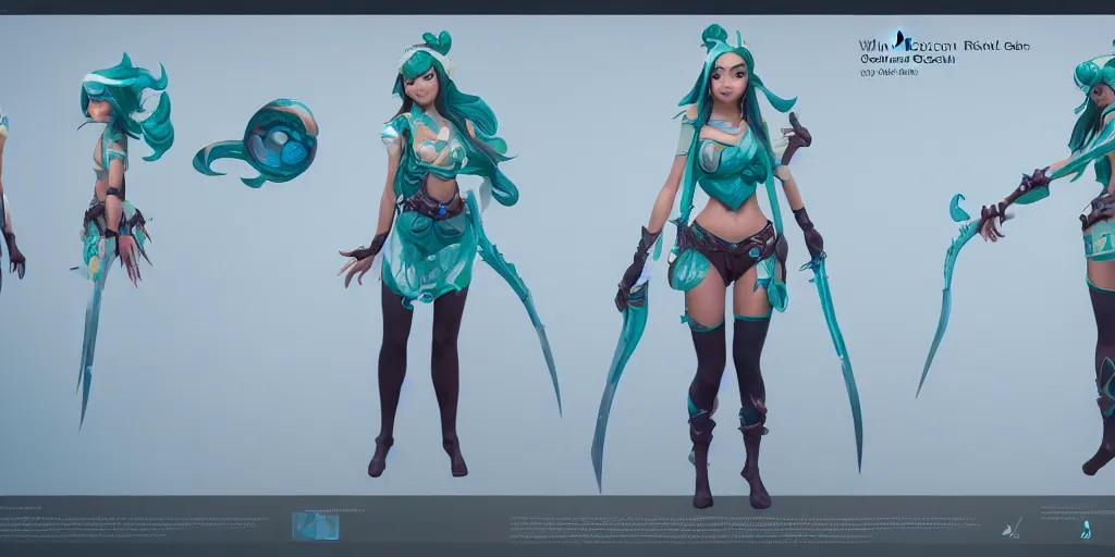 Image similar to character sheet of pretty Ocean Song Akali (wild rift). 3d render, octane render, realistic, highly detailed, trending on artstation, 4k, trending on artstation, pixar, cgsociety, unreal engine 5, redshift render, trending on artstation, blender, behance, cg