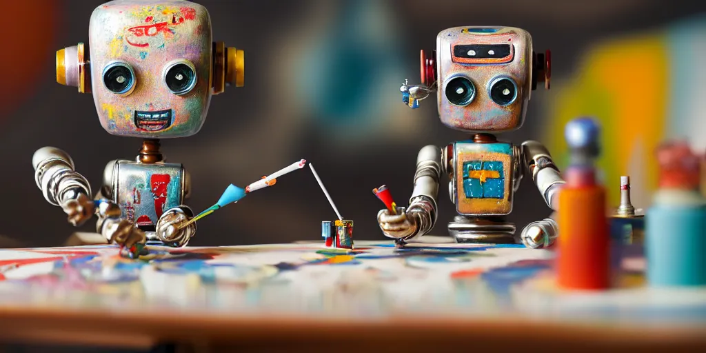 Image similar to closeup portrait of tin toy retro robot painter mixing gouache on white paper table in an artist workshop, depth of field, zeiss lens, detailed, centered, fashion photoshoot, by nicoletta ceccoli, mark ryden, lostfish, breathtaking, 8 k resolution, extremely detailed, beautiful, establishing shot, artistic, hyperrealistic, octane render