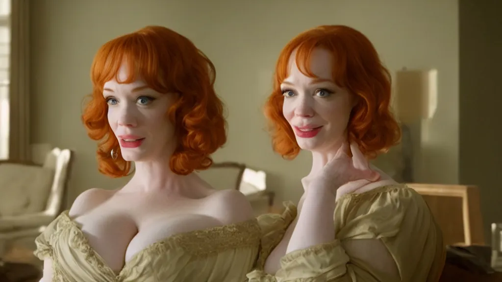 Image similar to a very happy beautiful Christina Hendricks in the living room, film still from the movie directed by Denis Villeneuve with art direction by Salvador Dalí, wide lens