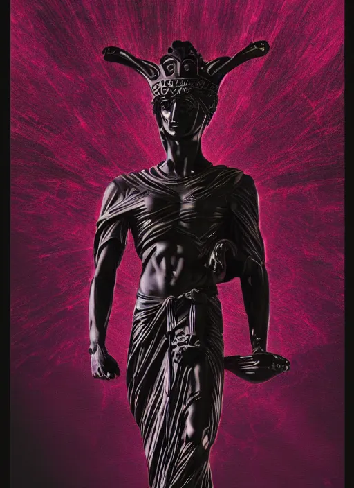 Image similar to elegant dark design poster showing a large greco roman statue of hermes, black background with very subtle red and purple design elements, bold, powerful, nekro, vito acconci, thin straight purple lines, dark, glitch art, neo vaporwave, gritty, layout frame, square, trending on artstation