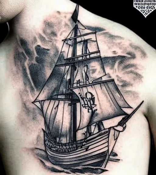 Prompt: White background tattoo design of a magical pirate ship, realism tattoo design, highly detailed tattoo, shaded tattoo, hyper realistic tattoo