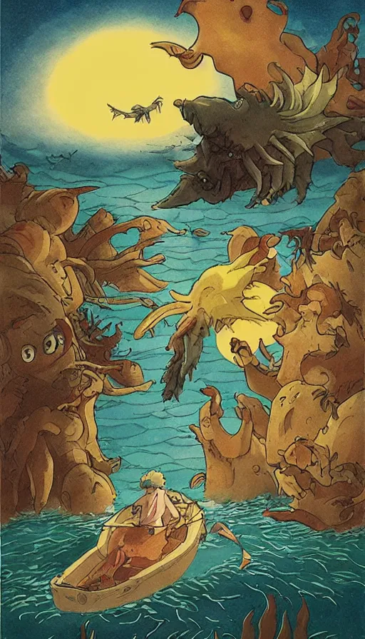 Image similar to man on boat crossing a body of water in hell with creatures in the water, sea of souls, by studio ghibli