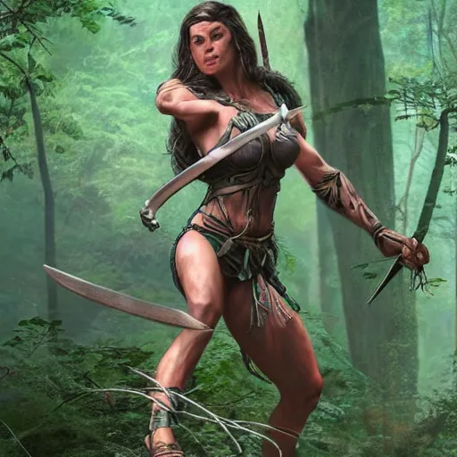 Prompt: a high detail super realistic anatomy strong amazonian woman leaps into the air in the forest to stab a wilderbeast with her sword, concept art, digital art fantasy world 4K high detail