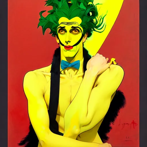 Image similar to art by joshua middleton, the yellow creeper, a tall manically smiling yellow - skinned man with green and black striped cycling shorts and wearing a long red feather boa, yellow makeup, mucha, kandinsky, poster, comic art, stylised design