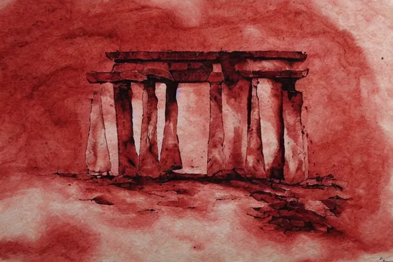 Prompt: ancient martian architecture, minimalistic red and ink airbrush painting on white background