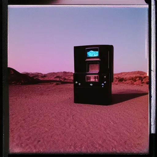 Image similar to a slot machine in the middle of a desert at night, liminal space, old polaroid, expired film, slightly blurry,