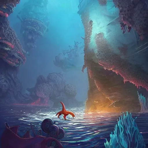 Image similar to Astronauts and some mythical animals are under the sea, they are swimming away from the giant kraken, the kraken is behind chasing them, this is an extravagant planet with wacky wildlife, the background is full of ancient ruins, the ambient is dark with a terrifying atmosphere, by Jordan Grimmer digital art, trending on Artstation,