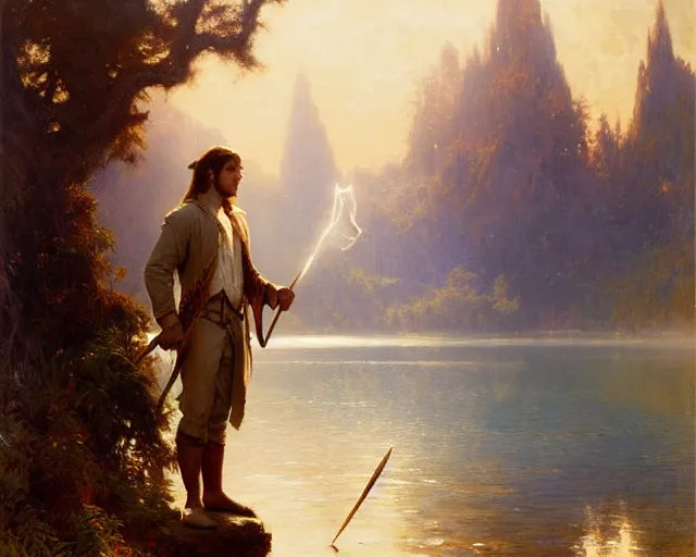 Image similar to attractive male wizard casting water spell in a beautiful lake. highly detailed painting by gaston bussiere, craig mullins, j. c. leyendecker 8 k