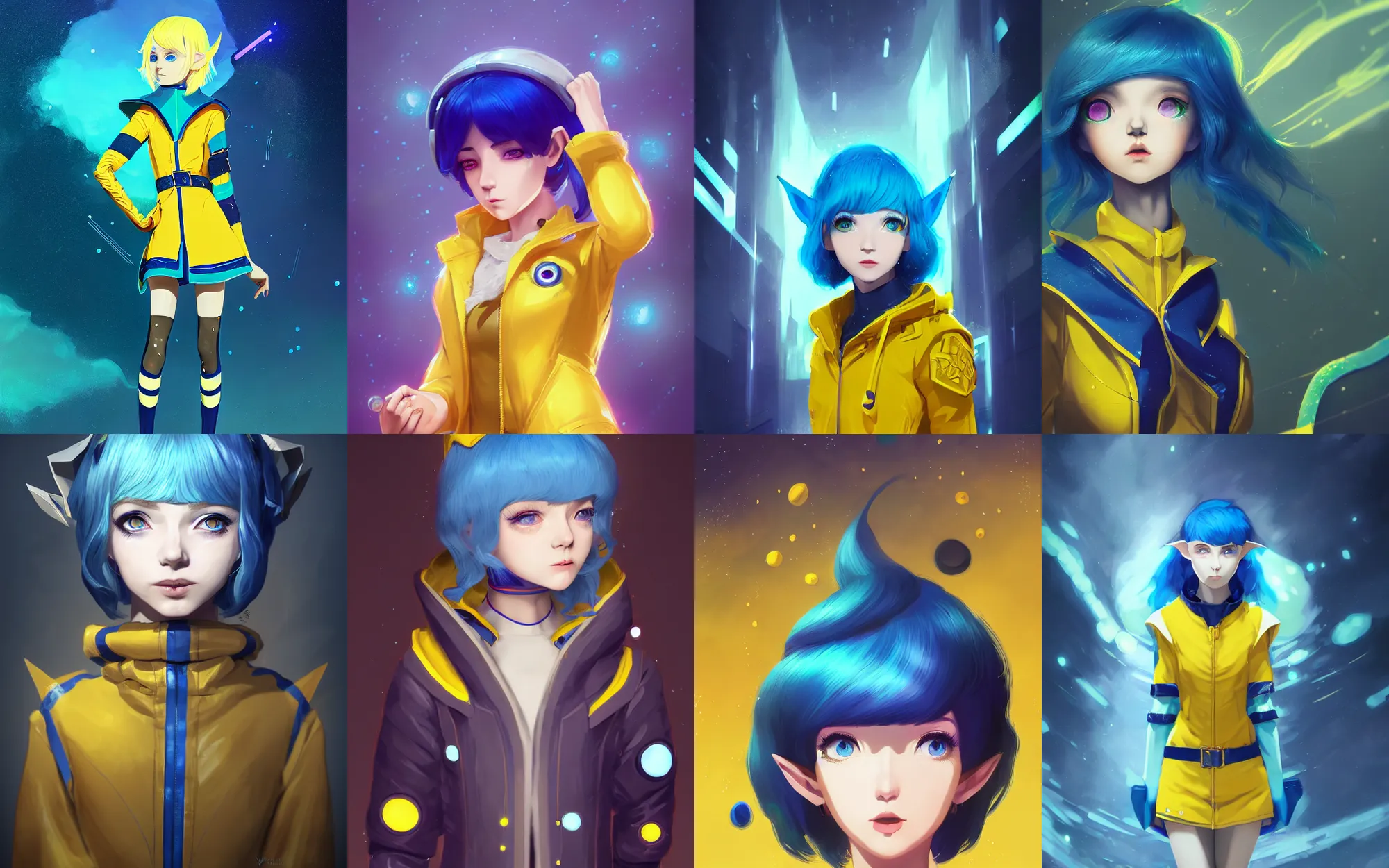 Prompt: league of legends portrait of a blue haired elf girl with a bob haircut with white freckles wearing a yellow raincoat reminiscent of a spacesuit by wlop and kuvshinov, digital art, cinematic lighting, symmetric