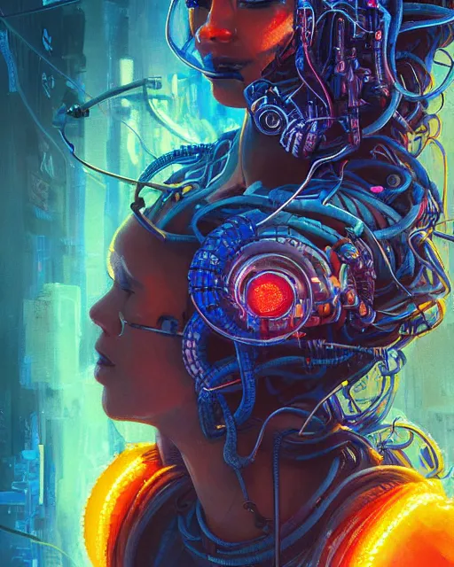 Image similar to a cyberpunk close up portrait of cyborg medusa, electricity, snakes in hair, sparks, bokeh, soft focus, skin tones, warm, blue, sunny sky, by paul lehr, jesper ejsing