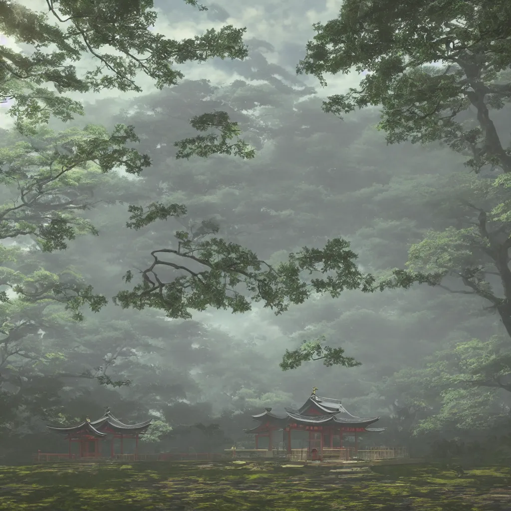 Prompt: Japanese shrine in misty morning, highly detailed, dreamlike!, 3D render, volumetric lighting, digital art, artstation, 8K photography, matte photo-realistic, vivid colors, perspective, by Hayao Ghibli Miyazaki!!!, breath of the wild style