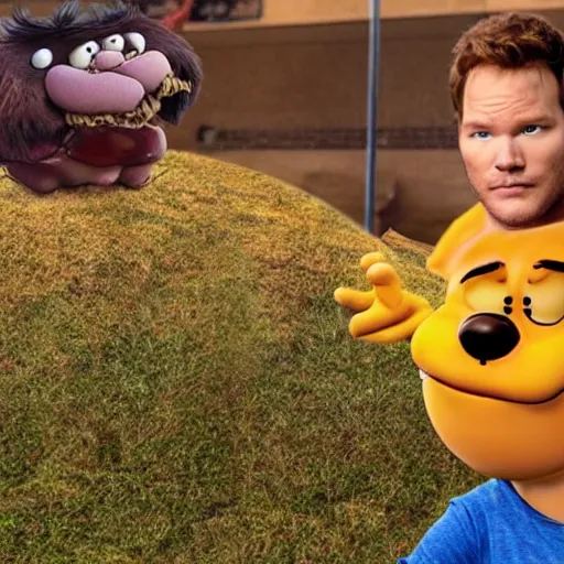 Image similar to Chris Pratt as live action Garfield, hyper-realistic, CGI, highly detailed