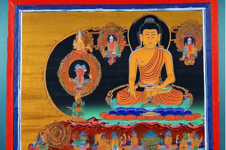 Prompt: time traveler buddha, tibetan buddhist painting of the life of buddha