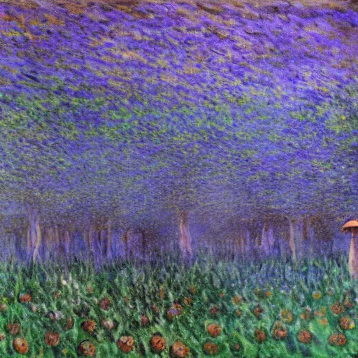 Image similar to mushroom forest, painted by monet, highly detailed, highly intricate, sense of scale, vast, mysterious, purple, smoke