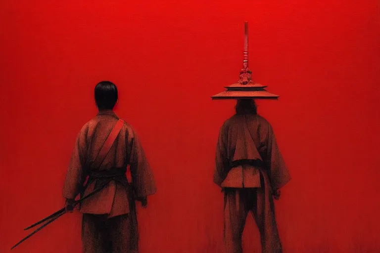 Image similar to only with red, a red samurai harakiri, tokio, a lot of frogs watch, in the style of beksinski, parts by edward hopper, parts by rodcenko, parts by yue minjun, intricate and epic composition, red by caravaggio, insanely quality, highly detailed, masterpiece, red light, artstation, 4 k