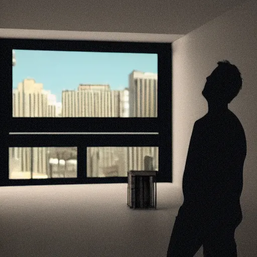 Image similar to siluette of a man in front of a window where a huge 3 d animation satisfy is playing, octane render, unreal engine, hyper detailed