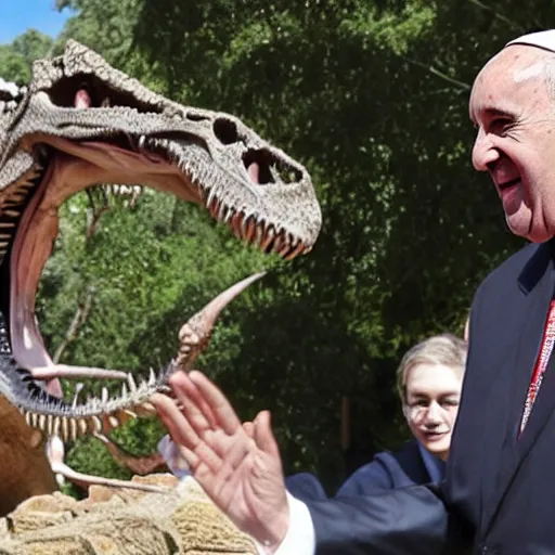 Image similar to pope Francis visits a dinosaur zoo and looks at a trex