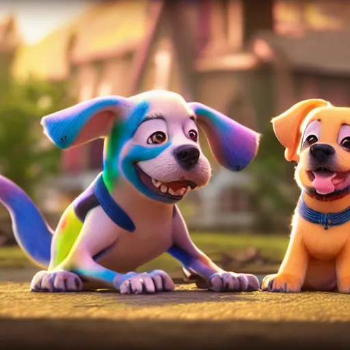 Prompt: cute dogs, 3 d render, illustrated, incredible details, highly detailed, colorful, photorealistic, disney pixar, octane render, iridescent, anime, 8 k