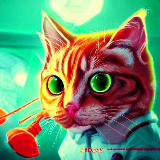 Image similar to close up of furious teemo from league of legends as a red american shorthair cat, vivid color, neon color, intricate detail, digital painting, particles floating, whimsical background by marc simonetti, artwork by ross tran + ramond swanland + liam wong