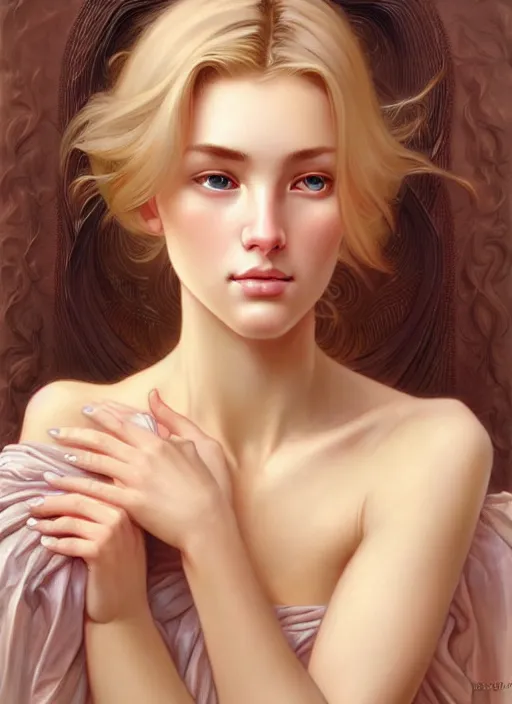 Image similar to face of feminine perfection!! concept art portrait of young wife blessed by god to uncontrollably become overwhelmingly perfect, blonde, symmetrical! intricate, sensual features, highly detailed, biblical!! holy perfection!! digital painting, artstation, smooth, sharp focus, illustration, art by artgerm and greg rutkowski and alphonse mucha