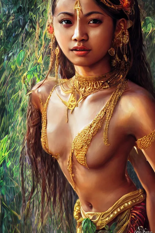 Image similar to stunningly beautiful, nepali dancer in jungle, symmetrical face, golden hour, smooth, focus, highly detailed, hyper realistic, dramatic lighting, elegant, intricate, concept art, art by wlop, mars ravelo, greg rutowski, artstation