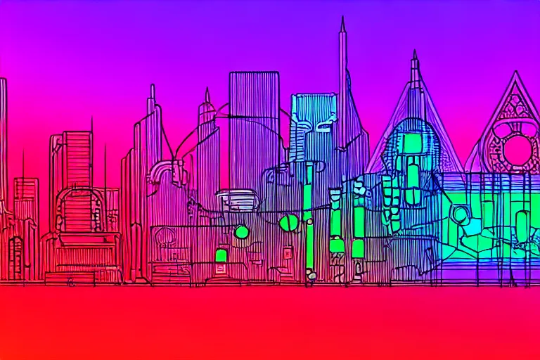 Image similar to art nouveau, fauvism, neon geometric inks, cyberpunk, fantasy landscape, wireframe datascape village.