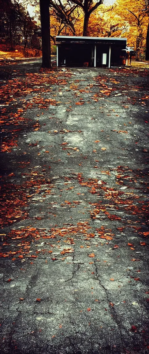 Prompt: “photography of an abandoned cafe in a parking lot autumn forest realistic detailed cinema camera detail cracked pavement wide angle”