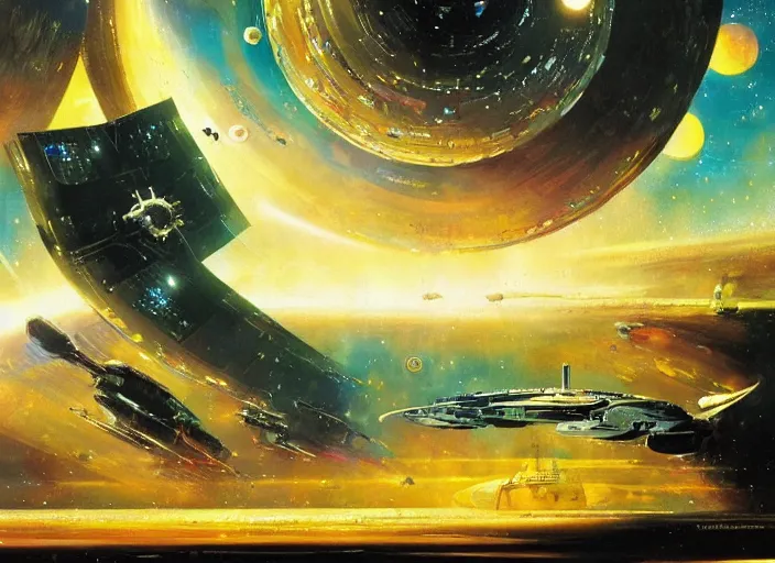 Prompt: spaceship in front of a star system by John Berkey