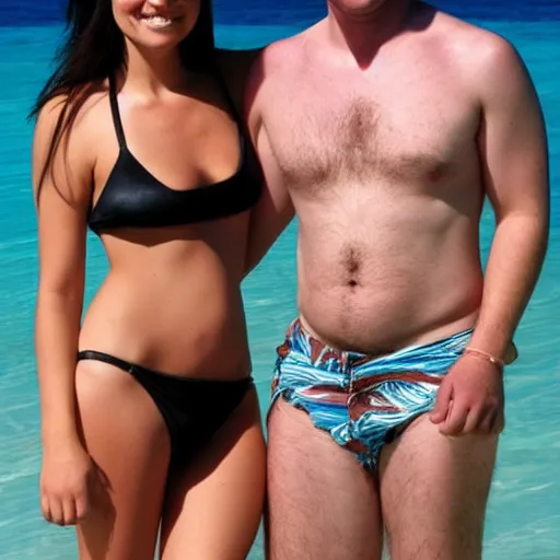 Image similar to photo of a 4 0 year old man that looks young for his age dating a very attractive and completely legal 1 8 year old woman wearing a bikini.